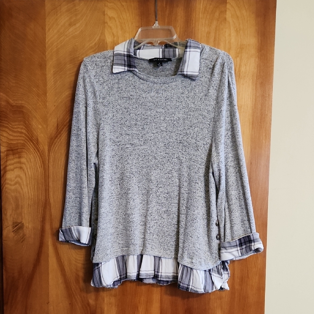 Gray Layered Sweater with Plaid Accents